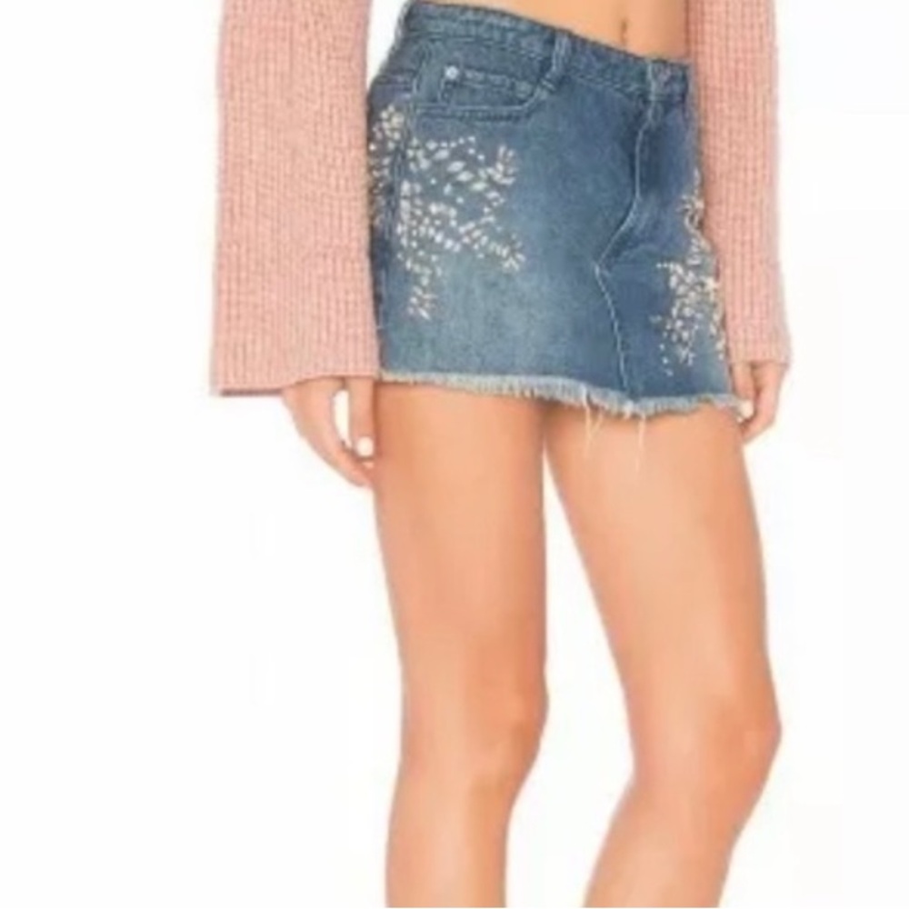 Free People Denim Mini Skirt with Rhinestones